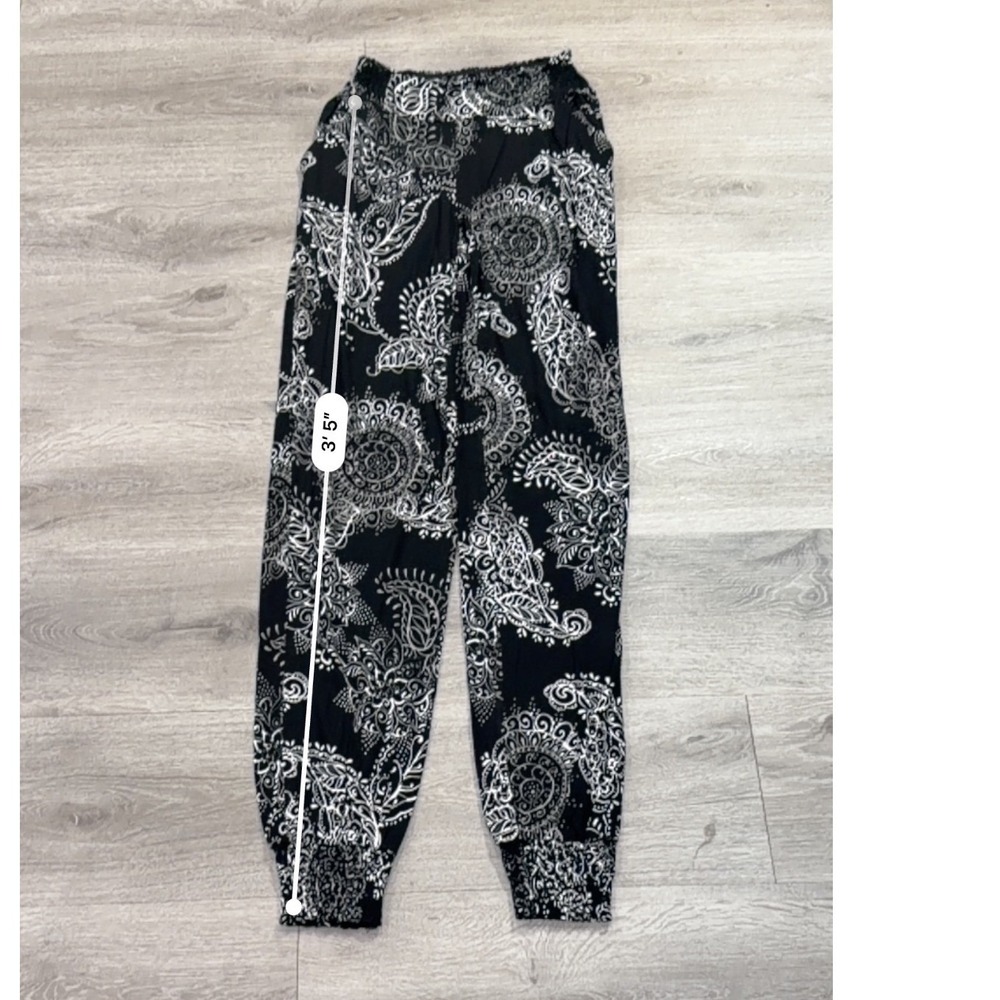 LASCANA Black White Paisley Print Jogger Pants Sz 4 Boho Lounge Comfy Y2K Resort - Picture 8 of 8